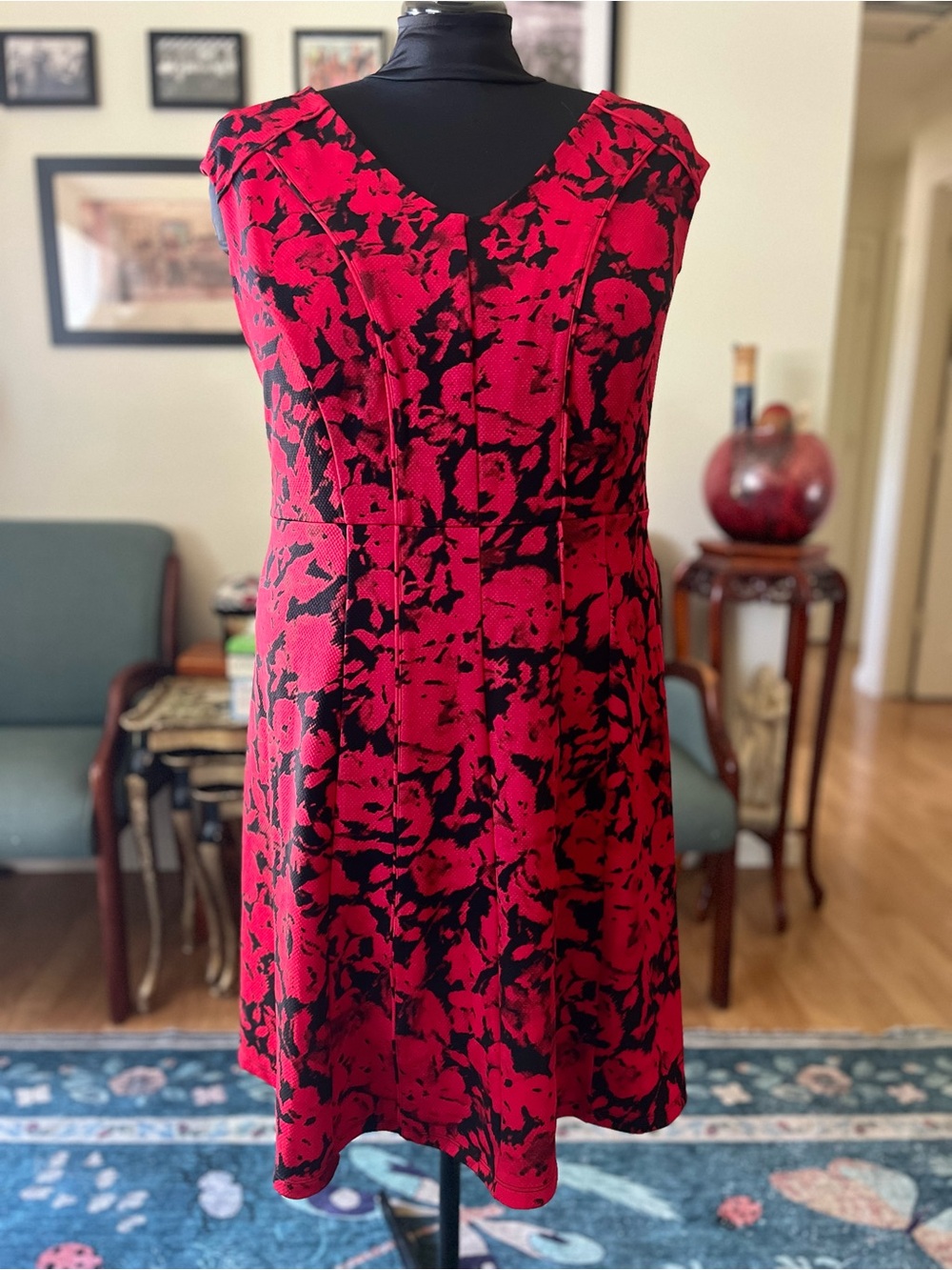 Simply Emma Red and Black Floral Fit-and-Flare Dress